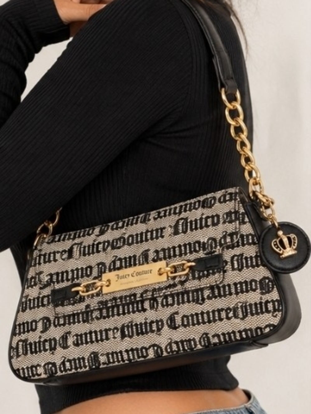 Juicy Couture Sweety Pie Y2K Logo Shoulder Bag Black Beige Gold Chain NWT